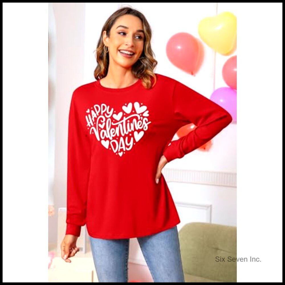 Long Sleeve Love Heart Graphic Tee Cute Valentine's Day Tops Loose Fit - Picture 4 of 6